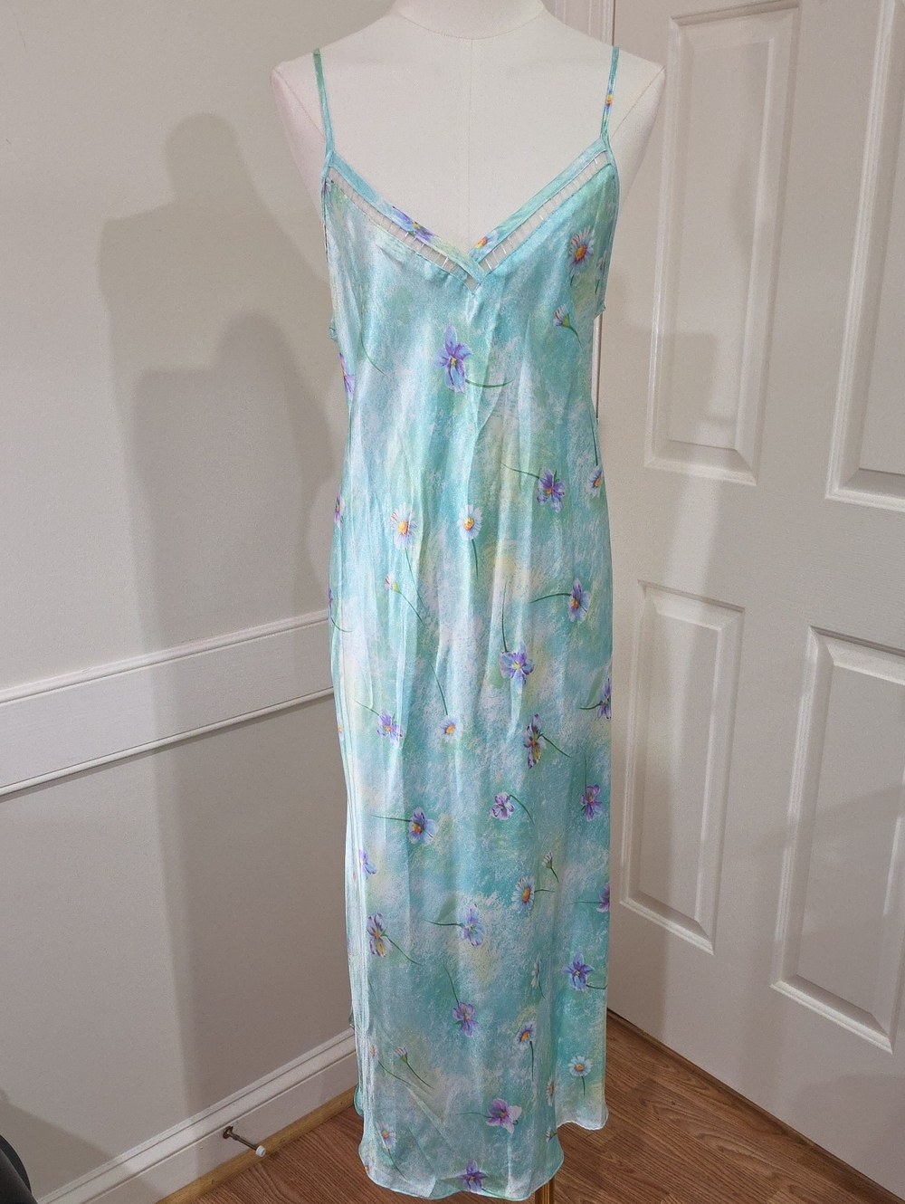 Vintage 90s Inner Most Aqua Floral Satin Slip Nightgown Dress XL